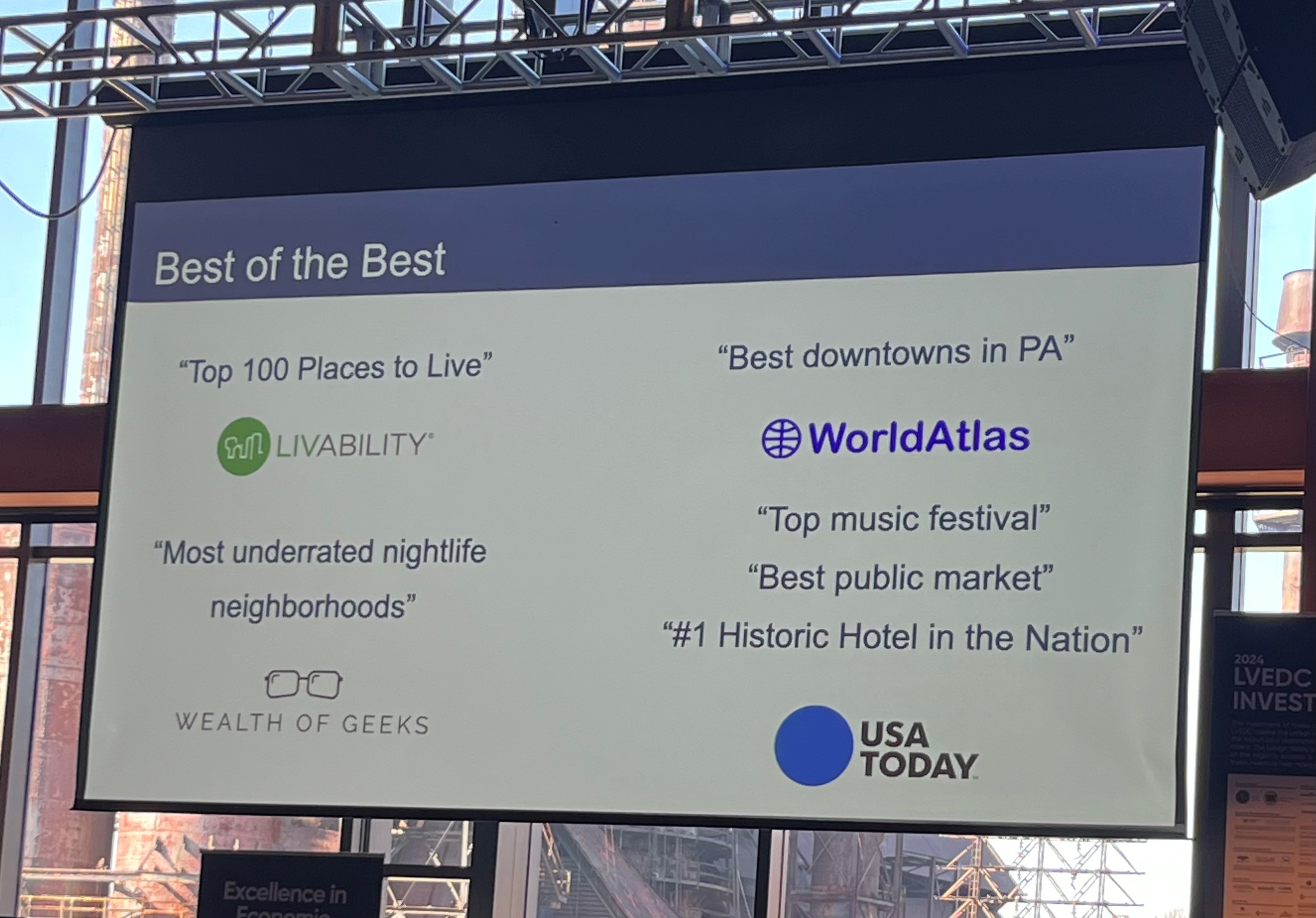 Slide highlighting a variety of qualify of living accolades in the Lehigh Valley