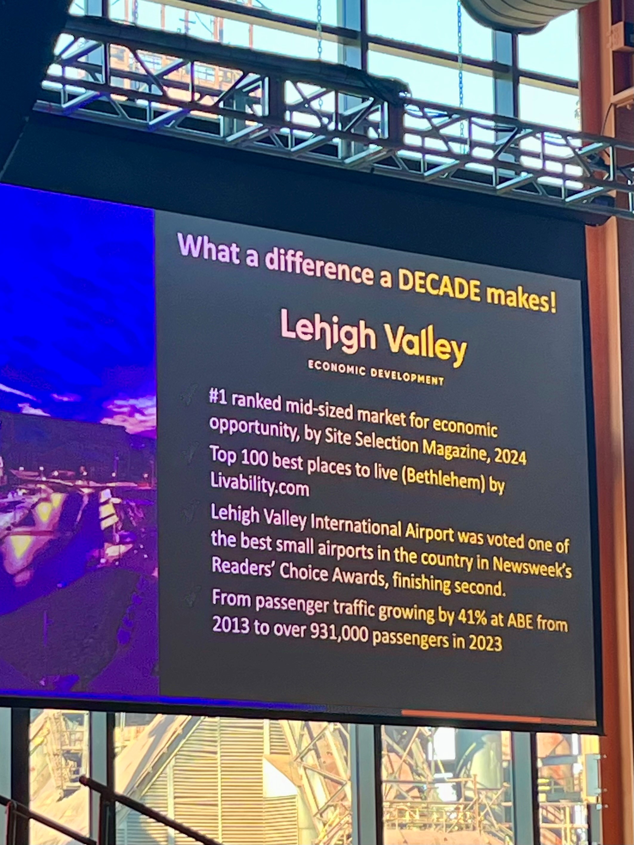 Slide with information showcasing key achievements in Lehigh Valley over last decade